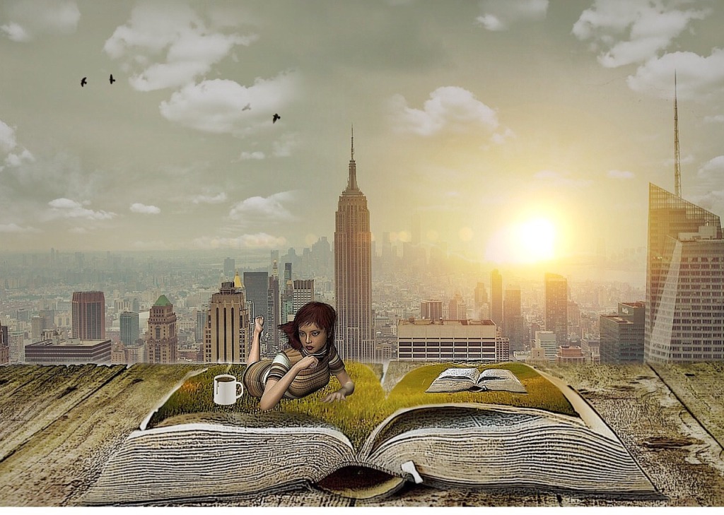 Surreal photo of a woman with a book and a city in the background from Vintage Style Photos Collection VI. 