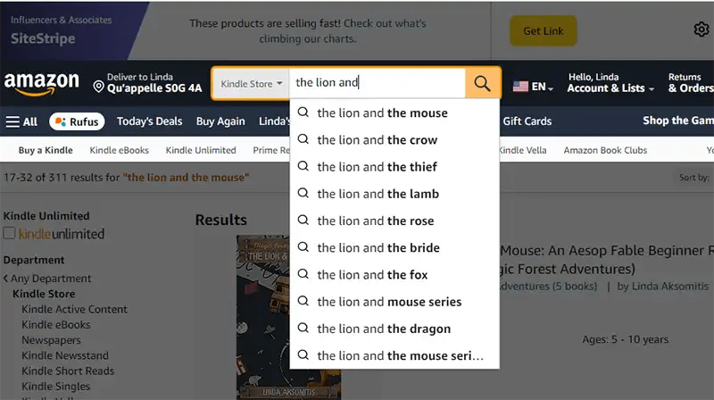 Screen shot of Amazon search page showing autocomplete